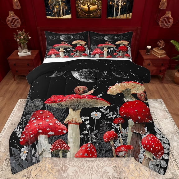 jejeloiu Red Mushroom Bedding Comforter Set,Rustic Fungus Plants Twin Comforter Sets,White Flowers Daisy Bedding Set For Girls Kids,Ultra Soft Home Decor Reversible,2 Pieces