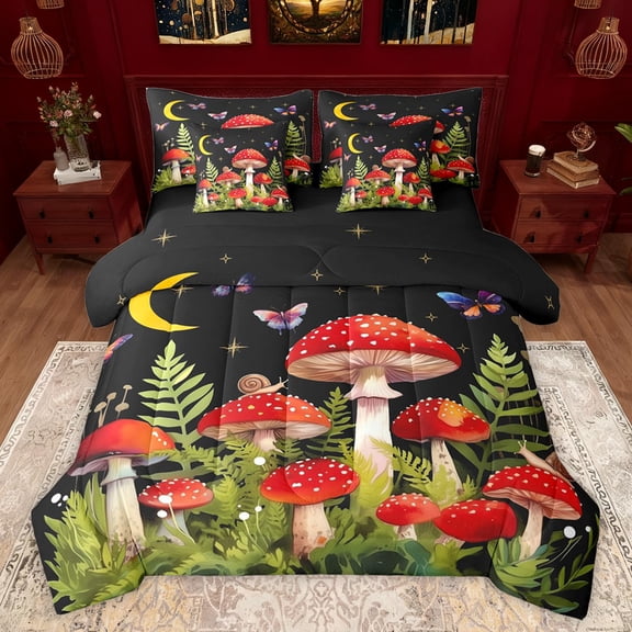 jejeloiu Red Mushroom Fungus 7-Piece Bedding Comforter Set,Rustic Plants Leaves King Bedding Sets,Red Green Black Bed Sheets For Girl,Luxury Bedroom Decor Reversible
