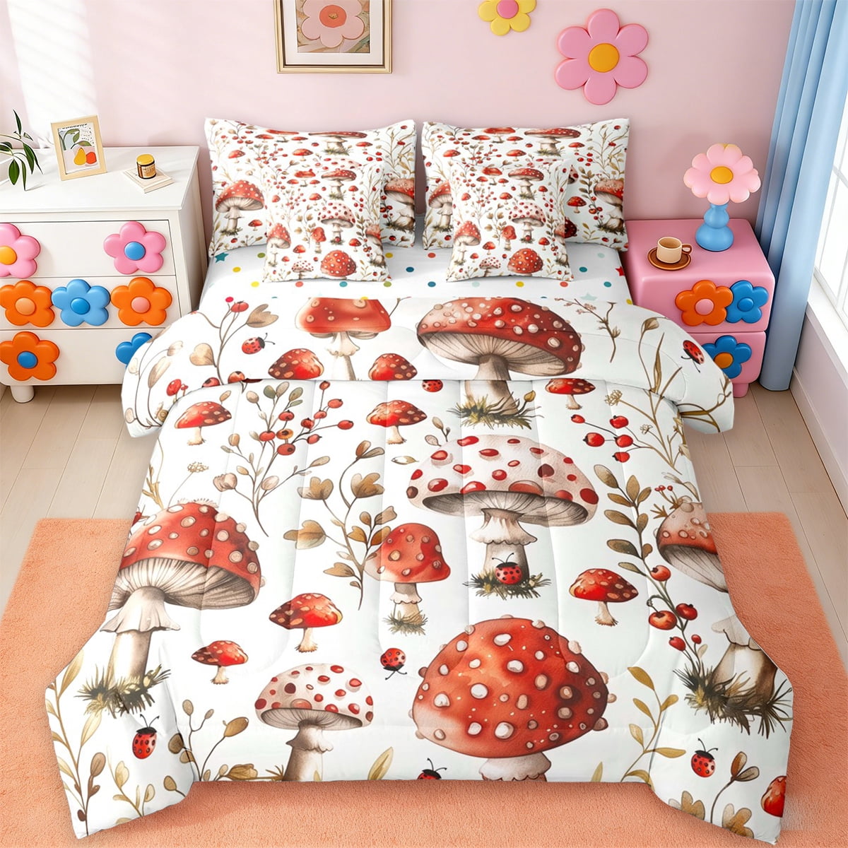 jejeloiu Red Mushroom House Bedding Comforter Set 7pcs,Rustic Farmhouse Cabin Queen Bedding Sets,Spring Garden Queen Sheet Sets,Microfiber Bedroom Decor Reversible