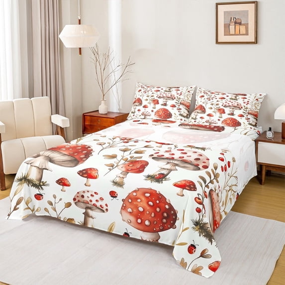 jejeloiu Red Mushroom House Queen Sheet Sets,Rustic Farmhouse Cabin Flat Sheet,Spring Garden Queen Fitted Sheet,Microfiber Bedroom Decor,4 Pieces