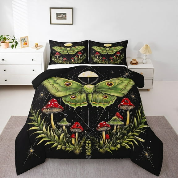 jejeloiu Red Mushroom Queen Comforter Set,Green Moth Bedding Sets,Tropical Botanical Leaves Bedding Comforter Set For Girl Child,Microfiber Bedroom Decor Reversible,3 Pieces
