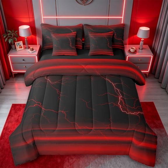 jejeloiu Red Neon Lightning 7pcs Bedding Comforter Set For Kids,Modern Abstract Geometric Aesthetic Queen Bedding Sets For Boys,Reversible