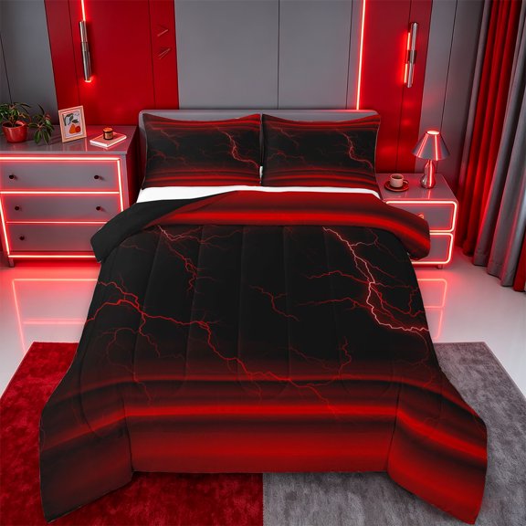 jejeloiu Red Neon Lightning Queen Comforter Set For Kids,Modern Abstract Geometric Aesthetic Bedding Comforter Set For Boys,Reversible,3pcs