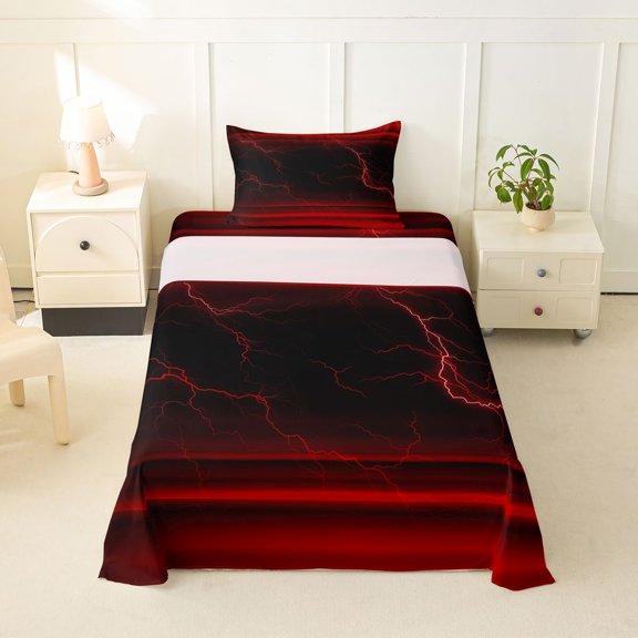 jejeloiu Red Neon Lightning Twin Sheet Sets For Kids,Modern Abstract Geometric Aesthetic Bedding For Boys,3-Piece