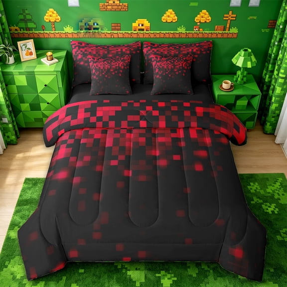 jejeloiu Red Pixel Plaid 7-Piece Twin Bedding Sets Kids,Abstract Geometric Print Bedding Comforter Set For Boys,Reversible