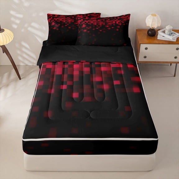 jejeloiu Red Pixel Plaid Zipper Twin Comforter Sets with Fitted Sheet and 2 Pillowcases Kids,Abstract Geometric Print Zipper Bedding Set For Boys,Reversible,4 Pieces
