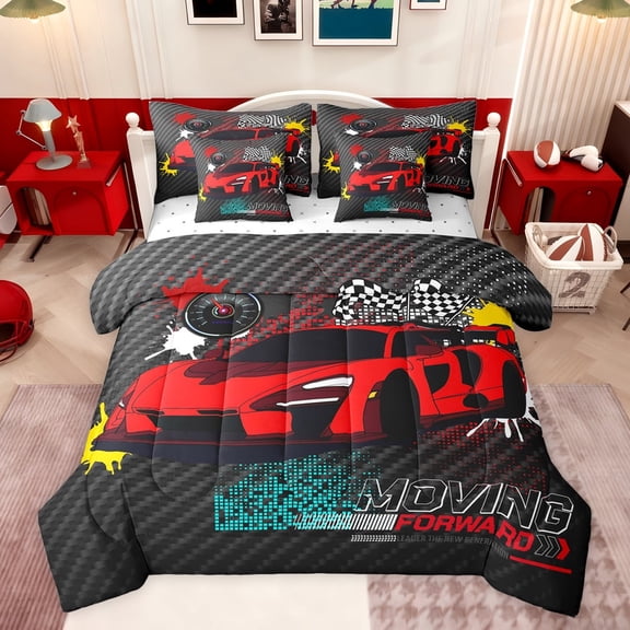 jejeloiu Red Race Car 7-Piece Twin Bedding Sets,Speed Moving Sport Bedding Comforter Set,Modern Abstract Geometric Plaid Sheet Sets For Boys Teens,Ultra Soft Home Decor Reversible