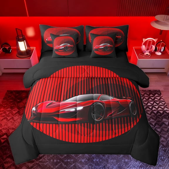 jejeloiu Red Racing Car 7-Piece Bedding Comforter Set,Speed Game Gaming King Bedding Sets,Extreme Sport Bed Sheets For Boy,Breathable Home Decor Reversible