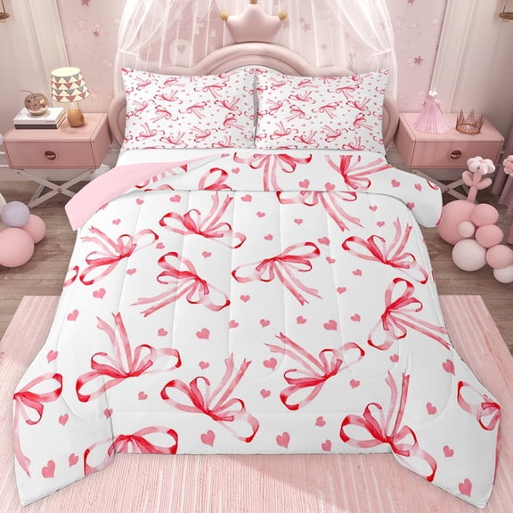 jejeloiu Red Ribbon Bowtie Twin Comforter Sets,Kawaii Bowknot Bow Bedding Set For Girls Teens Reversible 2 Pieces
