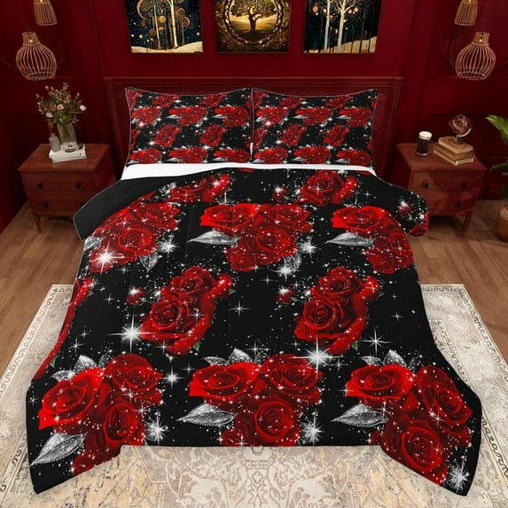 jejeloiu Red Rose Bedding Comforter Set,Valentine Floral Twin Comforter Sets,Romantic Theme Bedding Set For Girls Teens,Breathable Home Decor Reversible,2 Pieces