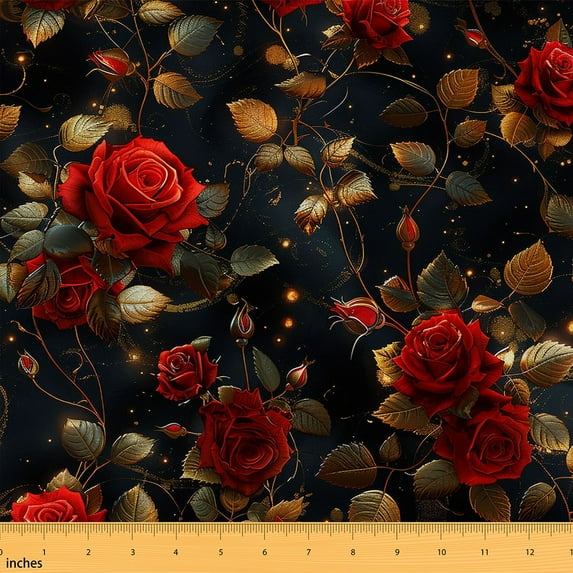 jejeloiu Red Rose Fabric by the Yard 3 Yards,Country Flower Floral Sewing Fabric,Natural Plant Fabric for Sewing For Princess,Luxury Bedroom Decor