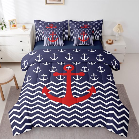 jejeloiu Red Ship Anchor 7-Piece Bedding Comforter Set,Geometric Waves Stripes King Bedding Sets,Navigation Theme Bed Sheets For Boys,Breathable Home Decor Reversible