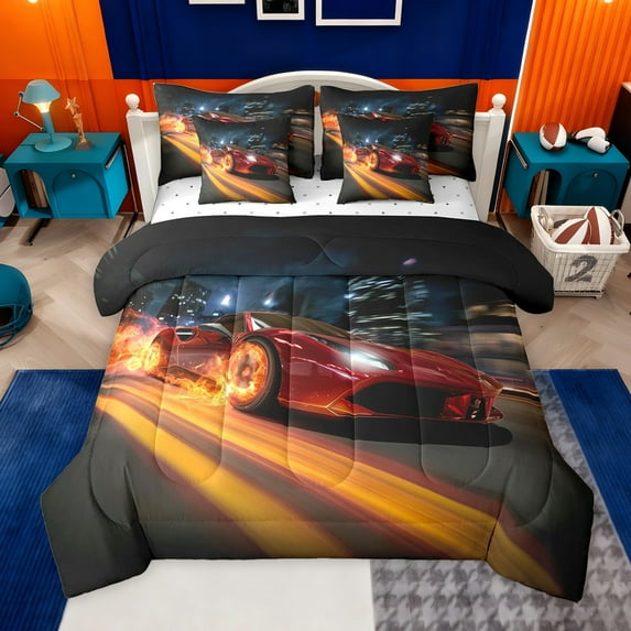 jejeloiu Red Sport Car 7pcs Bedding Comforter Set,Speed Game Queen Bedding Sets For Racing Gamer Reversible