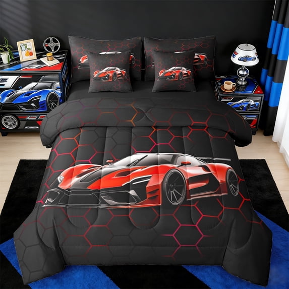 jejeloiu Red Sports Car Twin Bedding Sets 7-Piece,Abstrct Geometric Geometric Bedding Comforter Set,Honeycomb Hexagon Sheet Sets For Teens,Ultra Soft Home Decor Reversible