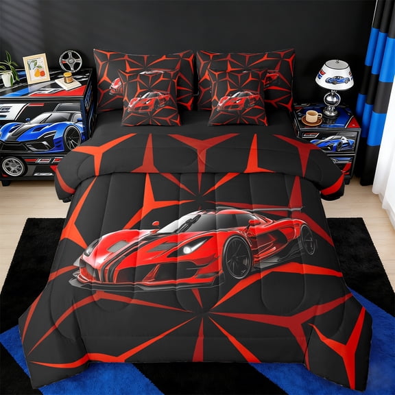jejeloiu Red Sports Car Twin Bedding Sets 7-Piece,Abstrct Geometric Geometric Bedding Comforter Set,Stripes Lines Sheet Sets For Teens,Ultra Soft Home Decor Reversible