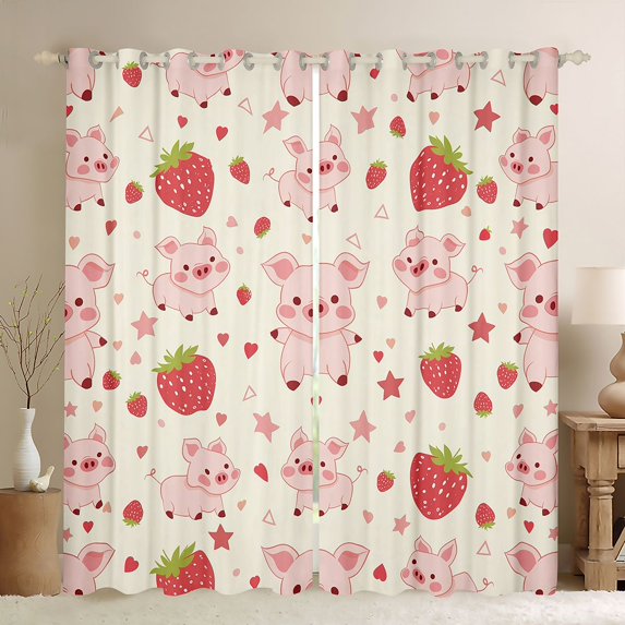 jejeloiu Red Sweet Strawberry Black Out Curtains,Pink Cartoon Pig Curtains Pack of 2 (42x63 Each) For Girls Kids