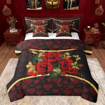 jejeloiu Red Valentine Rose 7-Piece Twin Bedding Sets,Happy Valentine'S Day Bedding Comforter Set,Kawaii Heart Print Sheet Sets For Men Women,Luxury Bedroom Decor Reversible