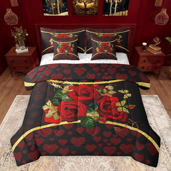 jejeloiu Red Valentine Rose 7-Piece Twin Bedding Sets,Happy Valentine'S Day Bedding Comforter Set,Kawaii Heart Print Sheet Sets For Men Women,Luxury Bedroom Decor Reversible