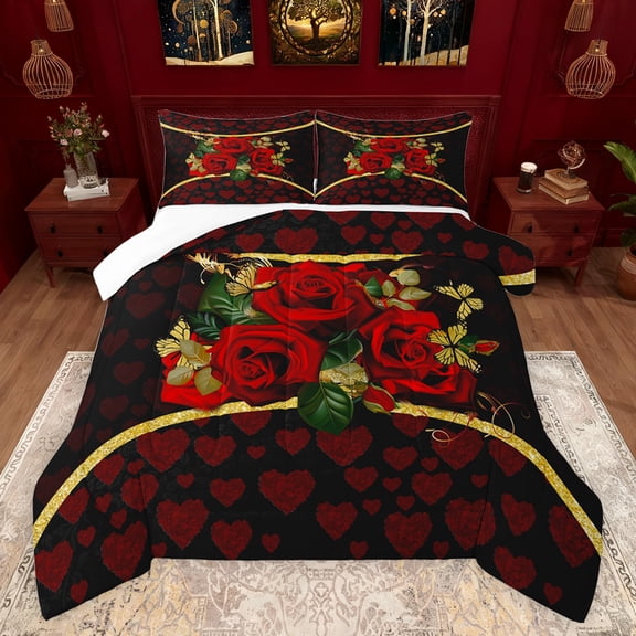 jejeloiu Red Valentine Rose Bedding Comforter Set,Happy Valentine'S Day Twin Comforter Sets,Kawaii Heart Print Bedding Set For Men Women,Luxury Bedroom Decor,2pcs