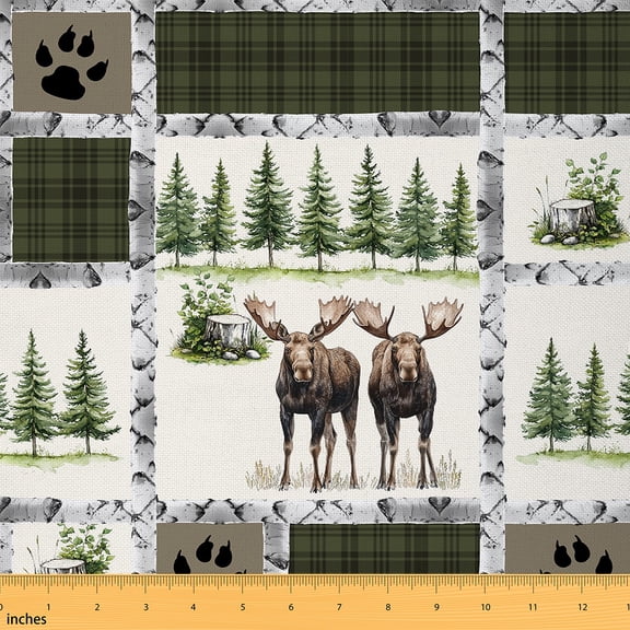 jejeloiu Reindeer Fabric by the Yard 1 Yard, Green Pine Tree Home Decor Fabric by the Yard, Animal Print Plaid Room Decor Fabric by the Yard, Rustic Bedroom Decor