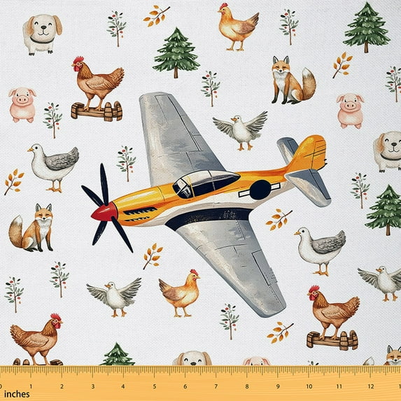 jejeloiu Retro Airplane Aircraft Fabric by the Yard 1 Yard,Chicken Fox Pig Home Decor Fabric by the Yard,Rustic Farmhouse Cabin Sewing Fabric For Teens,Reathable Home Decor