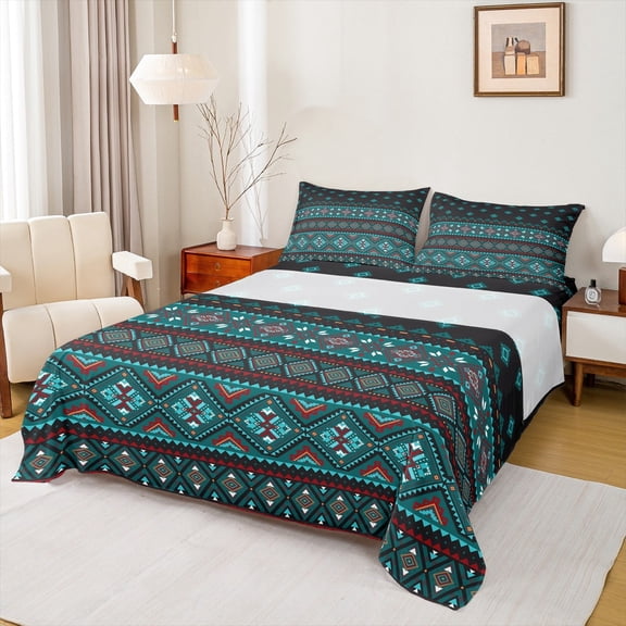 jejeloiu Retro Aztec Bed Sheets,Boho Geometric King Sheets,Cyan Geometric Sheet Set For Men Women,Luxury Bedroom Decor,4pcs