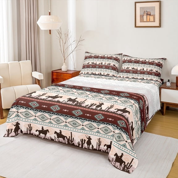 jejeloiu Retro Aztec Bed Sheets,Weatern Farm Cowboy King Sheets,Geometric Stripes Pattern Sheet Set For Boys Kids,Luxury Bedroom Decor,4-Piece