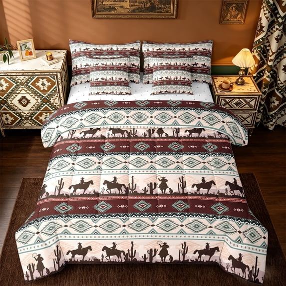 jejeloiu Retro Aztec Bedding Comforter Set 7-Piece,Weatern Farm Cowboy King Bedding Sets,Geometric Stripes Pattern Bed Sheets For Boys Kids,Luxury Bedroom Decor