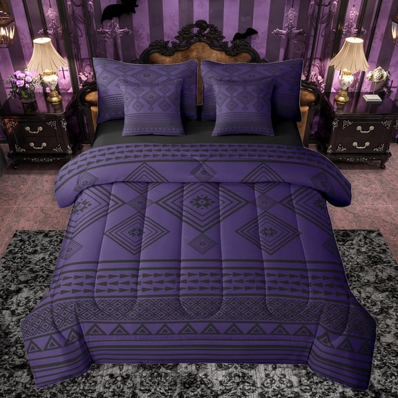 jejeloiu Retro Aztec Geometric 7-Piece Bedding Comforter Set,Vintage Boho Tribal King Bedding Sets,Purple Black Bed Sheets For Men Women,Breathable Home Decor Reversible