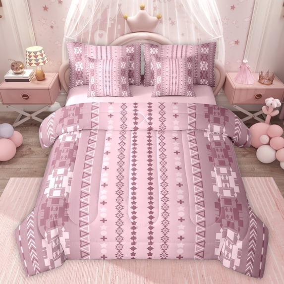 jejeloiu Retro Aztec Geometric 7-Piece Twin Bedding Sets,Vintage Boho Tribal Bedding Comforter Set,Pink Triangle Cute Flower Sheet Sets For Men Women,Breathable Home Decor Reversible