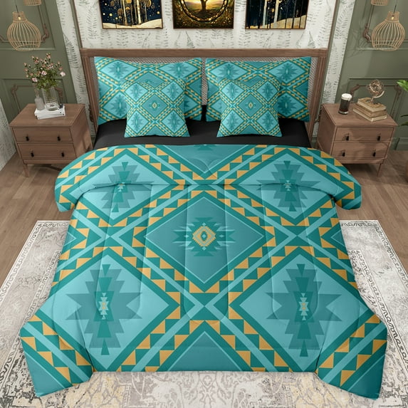 jejeloiu Retro Aztec Geometric 7 Pieces Bedding Comforter Set,Vintage Rhombus Triangle Full Bedding Set,Cyan Orange Fitted Sheet Flat Sheet For Men Women,Breathable Home Decor Reversible