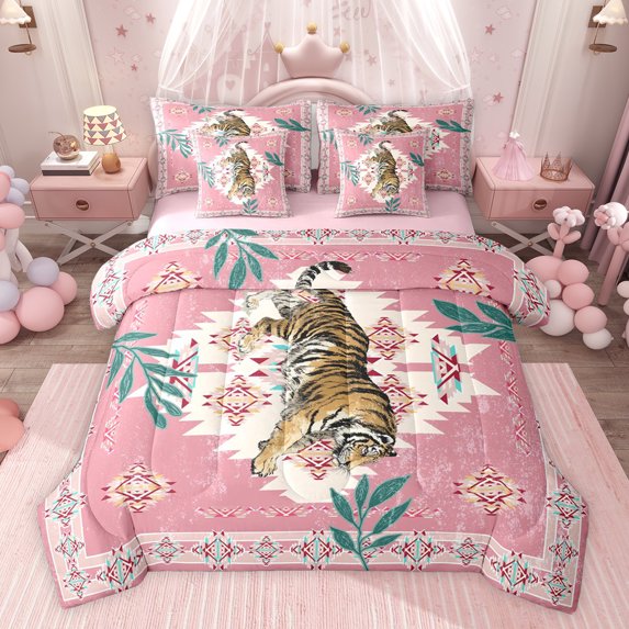jejeloiu Retro Aztec Geometric 7pcs Bedding Comforter Set,Jungle Tiger Pattern Queen Bedding Sets For Girls Boys Reversible