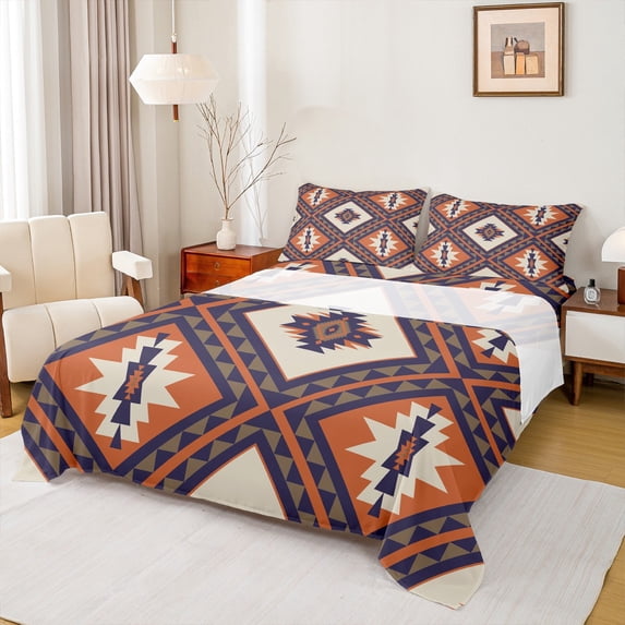 jejeloiu Retro Aztec Geometric Bed Sheets,Vintage Rhombus Triangle King Sheets,Brown Black Orange Sheet Set For Men Women,Breathable Home Decor,4 Pieces