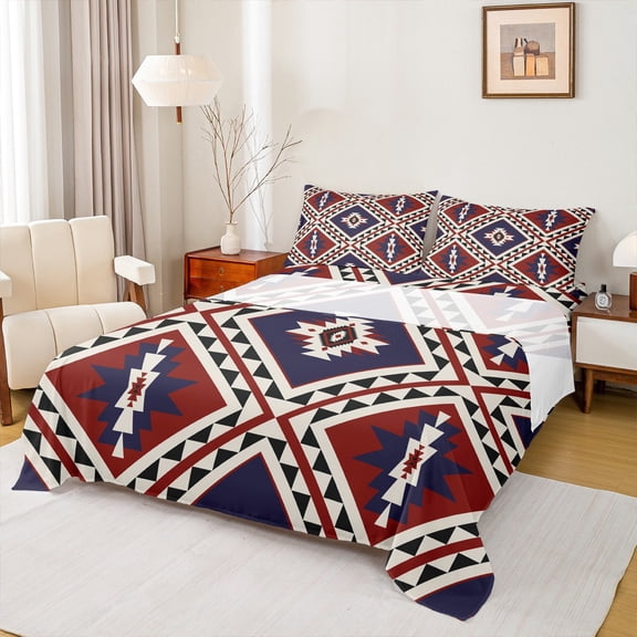 jejeloiu Retro Aztec Geometric Bed Sheets,Vintage Rhombus Triangle King Sheets,Red Brown Black Sheet Set For Men Women,Breathable Home Decor,4-Piece