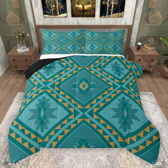 jejeloiu Retro Aztec Geometric Bedding Comforter Set,Vintage Rhombus Triangle Twin Comforter Sets,Cyan Orange Bedding Set For Men Women,Breathable Home Decor Reversible,2pcs