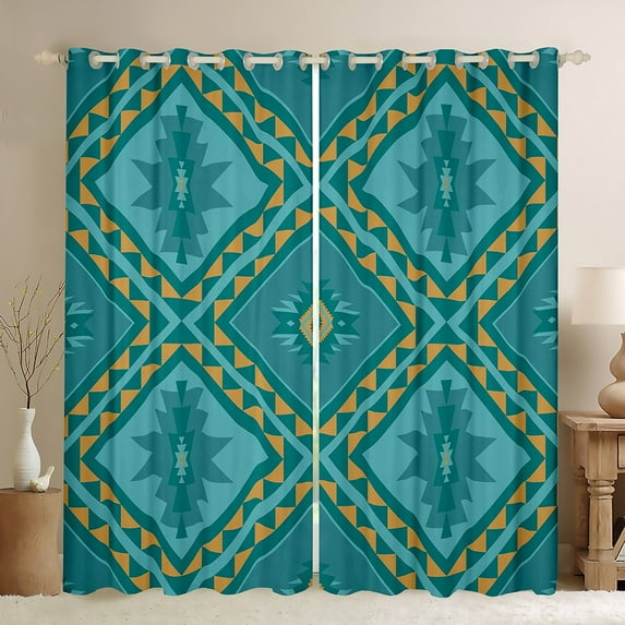 jejeloiu Retro Aztec Geometric Blackout Curtains Set of 2 (52x84 Each),Vintage Rhombus Triangle Window Curtains,Cyan Orange Curtains and Drapes For Men Women,Breathable Home Decor