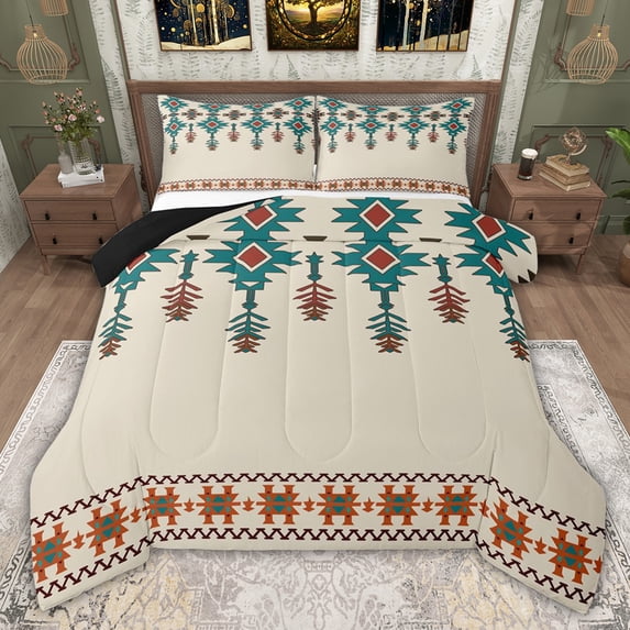 jejeloiu Retro Aztec Geometric Full Size Comforter Sets,Cyan Beige Bedding Sets For Men Women Reversible 3pcs