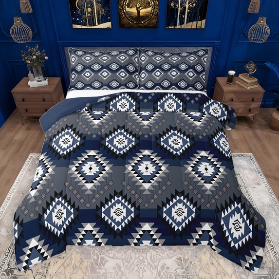 jejeloiu Retro Aztec Geometric Full Size Comforter Sets,Vintage Rhombus Triangle Bedding Comforter Set,Grey Deepblue Bedding Sets For Men Women,Breathable Home Decor Reversible,3pcs