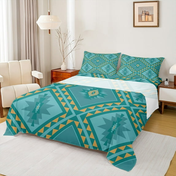 jejeloiu Retro Aztec Geometric Full Size Sheets,Vintage Rhombus Triangle Bed Sheets,Cyan Orange Sheet Sets For Men Women,Breathable Home Decor,4-Piece