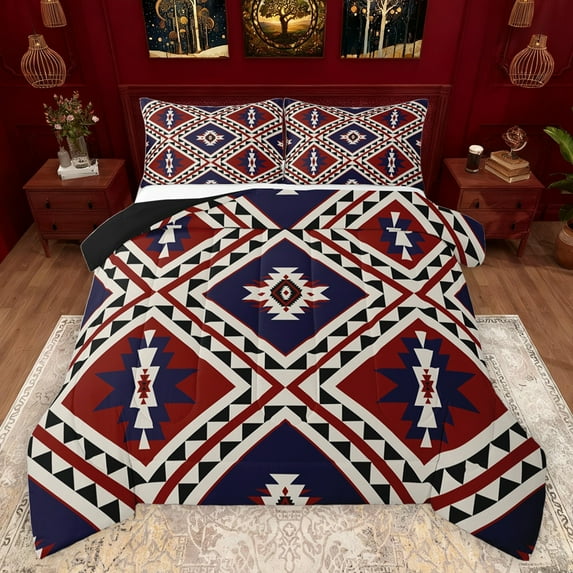 jejeloiu Retro Aztec Geometric Queen Comforter Set,Vintage Rhombus Triangle Bedding Sets,Red Brown Black Bedding Comforter Set For Men Women,Breathable Home Decor Reversible,3pcs