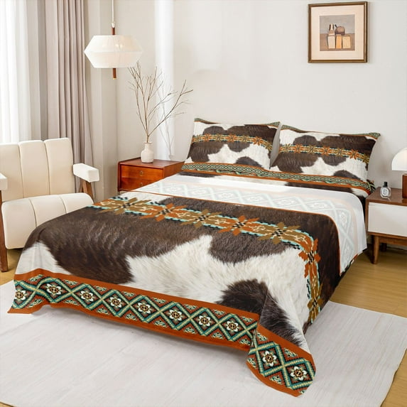 jejeloiu Retro Aztec Print Twin Sheet Sets,Farmhouse Cowhide Bedding For Boys Teens 3pcs
