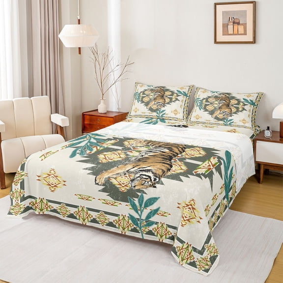 jejeloiu Retro Aztec Print Twin Sheet Sets,Rustic Plant Leaves Bedding For Teens 3pcs