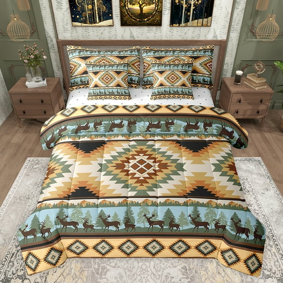 jejeloiu Retro Aztec Rhombus 7 Pieces Bedding Comforter Set,Rustic Farmhouse Tribal Full Bedding Set,Jungle Animal Deer Fitted Sheet Flat Sheet For Teens,Microfiber Bedroom Decor Reversible