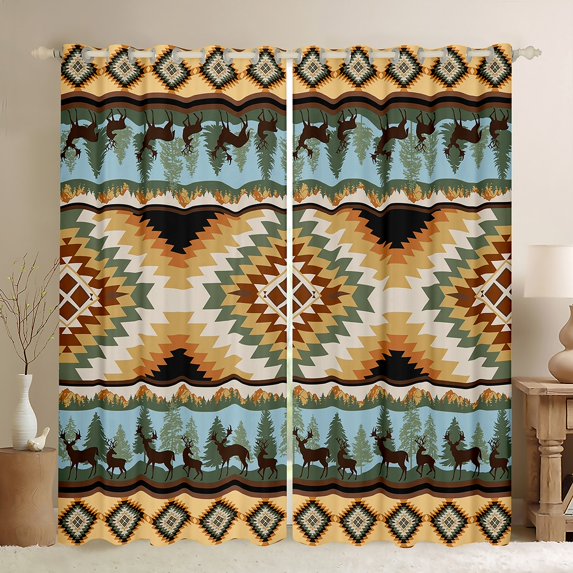 jejeloiu Retro Aztec Rhombus Black Out Curtains,Rustic Farmhouse Tribal Curtains Pack of 2 (42x63 Each),Jungle Animal Deer Bedroom Curtains For Teens,Microfiber Bedroom Decor
