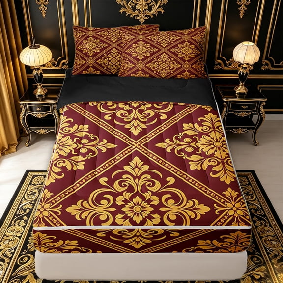 jejeloiu Retro Baroque Zipper Twin Comforter Sets with Fitted Sheet and 2 Pillowcases,Royal Print Zipper Bedding Set For Adults,Red Gold,Black Reversible,4 Pieces