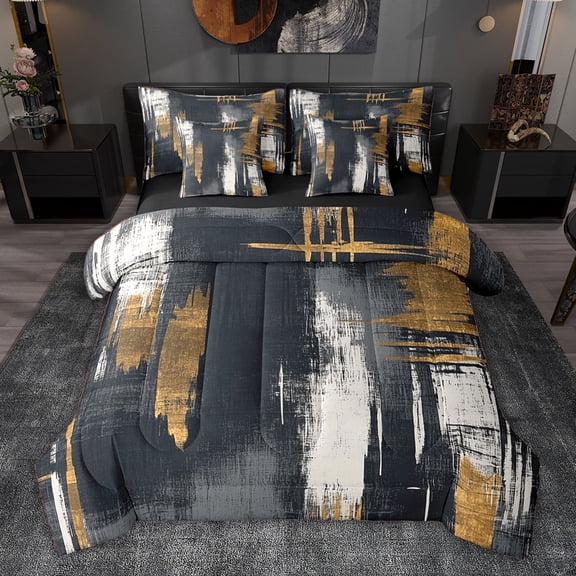 jejeloiu Retro Batik Geometric 7-Piece Bedding Comforter Set,Black Gold Graffiti King Bedding Sets For Girls Teens Reversible