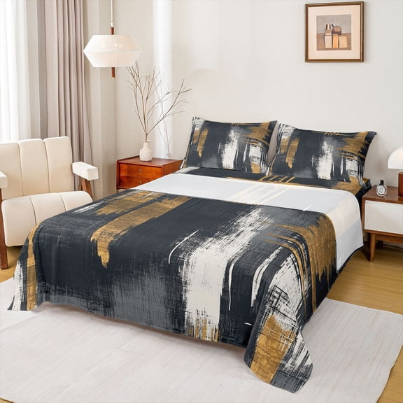 jejeloiu Retro Batik Geometric Twin Sheet Sets,Black Gold Graffiti Bedding For Girls Teens 3-Piece