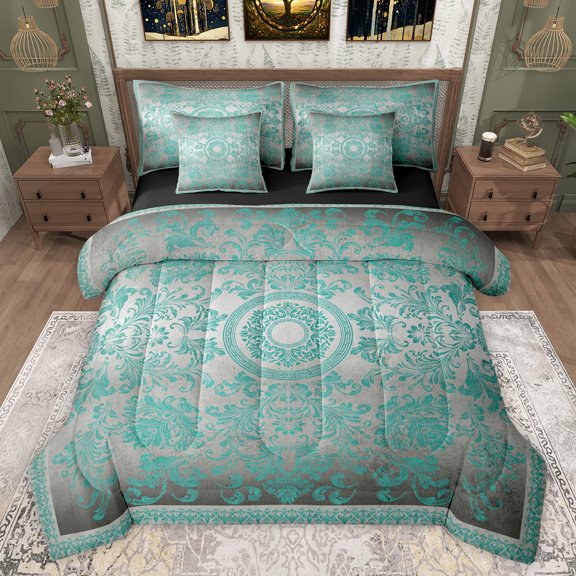 jejeloiu Retro Bohemian Flowers 7pcs Bedding Comforter Set,Rustic Damask Pattern Queen Bedding Sets,Cyan Vintage Floral Queen Sheet Sets For Men Womwn,Microfiber Bedroom Decor Reversible