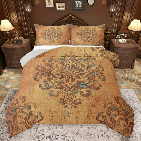 jejeloiu Retro Bohemian Flowers Queen Comforter Set,Rustic Damask Pattern Bedding Sets,Orange Vintage Floral Bedding Comforter Set For Men Womwn,Microfiber Bedroom Decor Reversible,3pcs