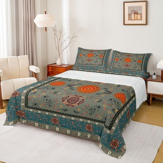 jejeloiu Retro Bohemian Queen Sheets For Men Women,Retro Mandala Queen Sheet Sets,Sage Green,4-Piece,1 Flat Sheet, 1 Fitted Sheet and 2 Pillowcases